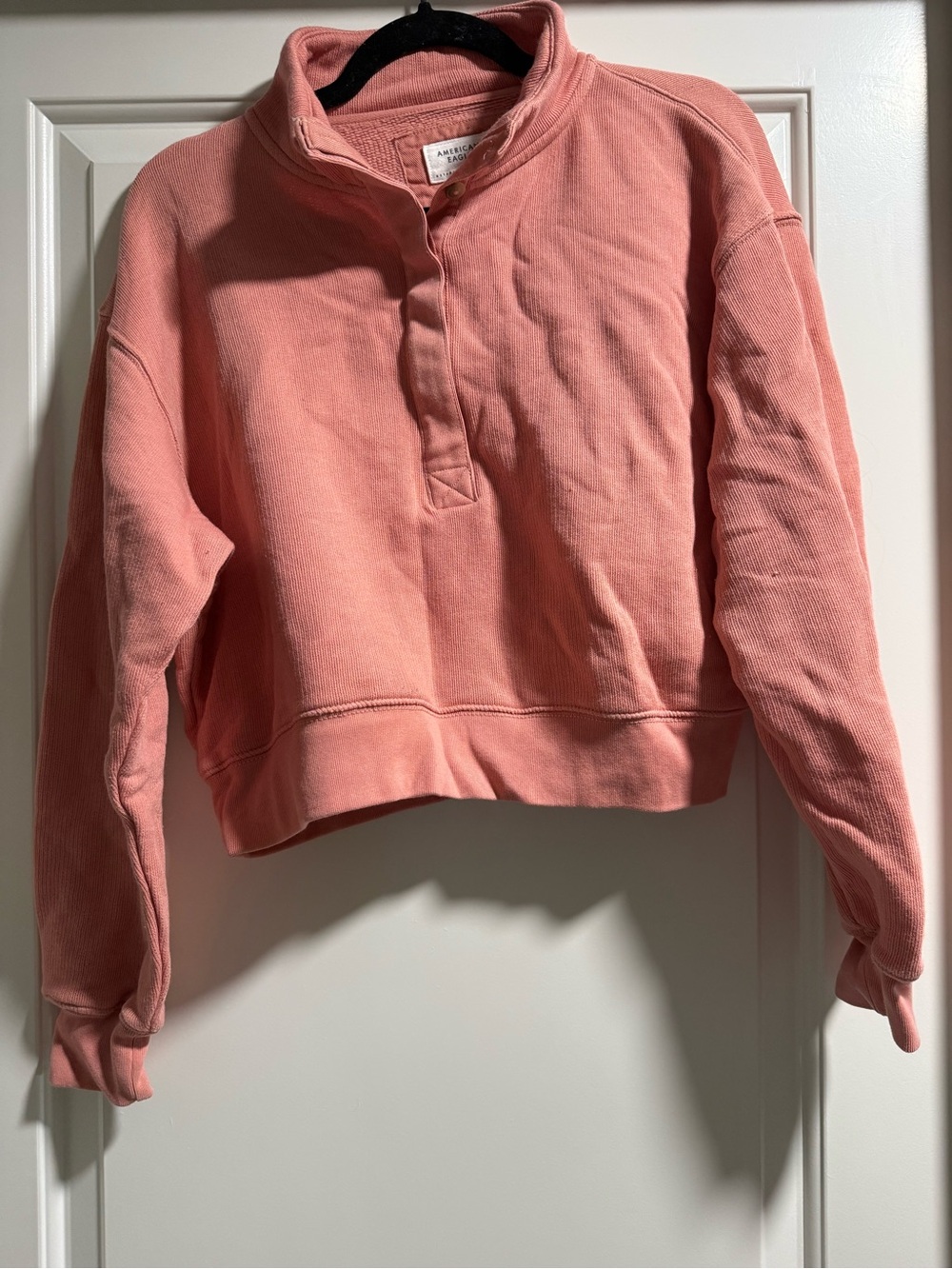 American Eagle Outfitters Cropped Quarter-Placket Sweatshirt - Coral